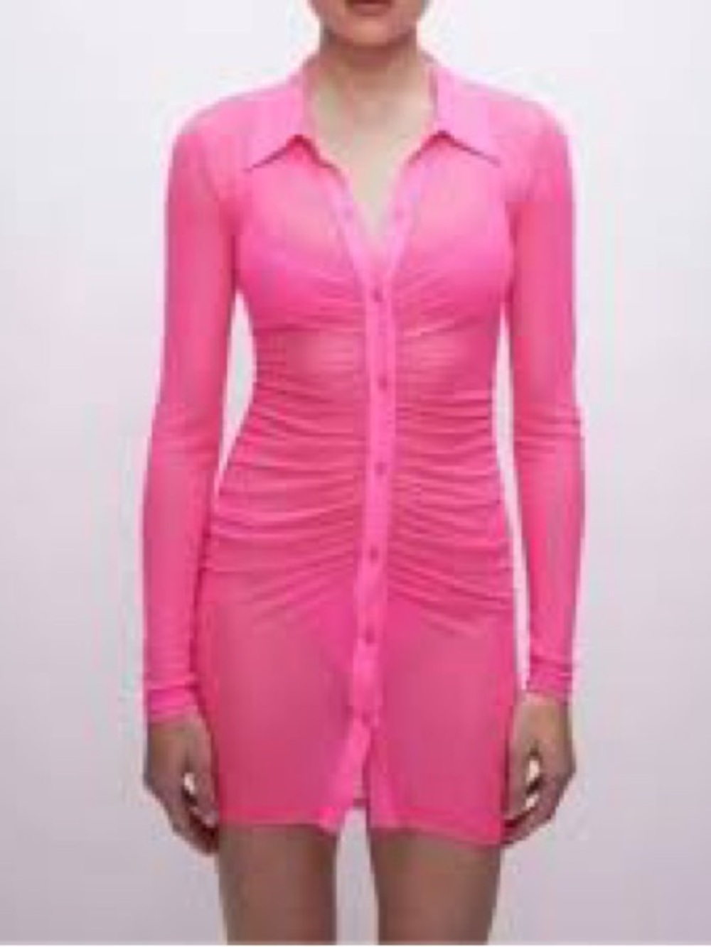 🆕 Good American Sheer Mesh Ruched Mini Shirtdress in Vibrant Neon Pink. 3. NWT🔥💕